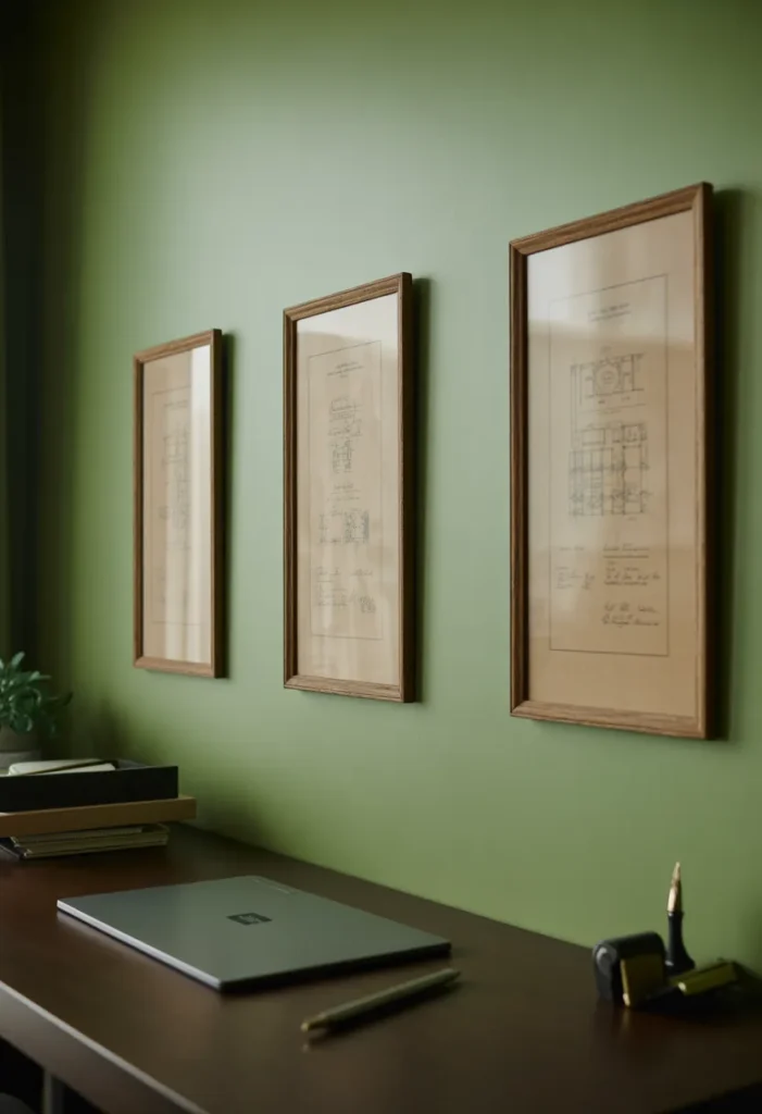 A gallery wall of three mismatched wooden frames containing vintage patent sketches on aged paper. Soft natural light, realistic paper texture with yellowing edges, interior photography, 35mm lens.
