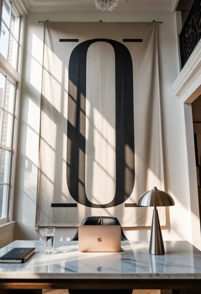 A large vertical canvas with bold black typography on a white wall in an office. Visible canvas weave, matte ink finish, natural side-lighting, realistic textures, high-detail interior photography.
