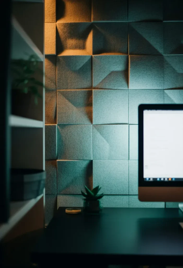 A geometric pattern of charcoal and light grey felt acoustic tiles on an office wall. Soft shadows between the tiles, matte texture, no reflections, quiet atmosphere, interior design photography.