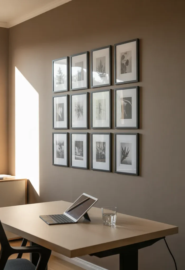 A 3x3 grid of black-framed botanical black-and-white photos on a warm grey office wall. Realistic reflections on the glass, slight misalignment, soft side-lighting, interior design style, high detail.

