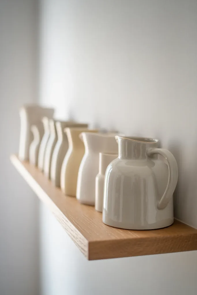 Open Shelving with Mismatched Ceramic Pitchers