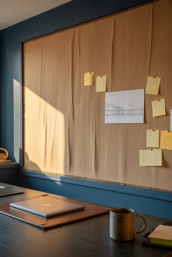 A large linen-wrapped pinboard on a deep navy blue office wall. Brass pushpins holding sketches and notes, soft morning light hitting the fabric texture, realistic pinholes, interior photography, 35mm lens.