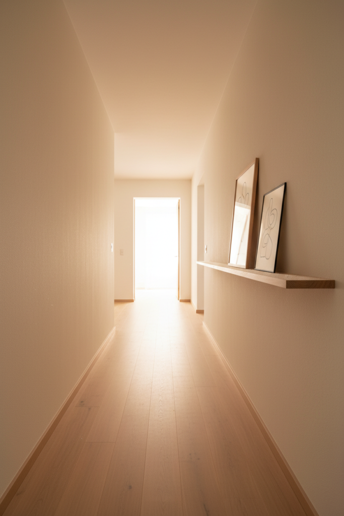 Interior photography of a single, very thin ash wood picture ledge on a warm off-white hallway wall. Two minimalist line-art frames leaning on it, soft light spilling from a distant doorway, visible fine wood grain, light dust on the ledge, 35mm lens.
