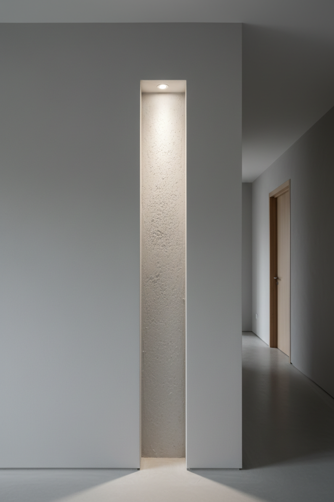 A vertical recessed wall niche with a soft hidden light at the top, illuminating a matte white plaster interior. Located in a minimalist hallway with soft grey walls, no reflections, realistic plaster texture, architectural photography style