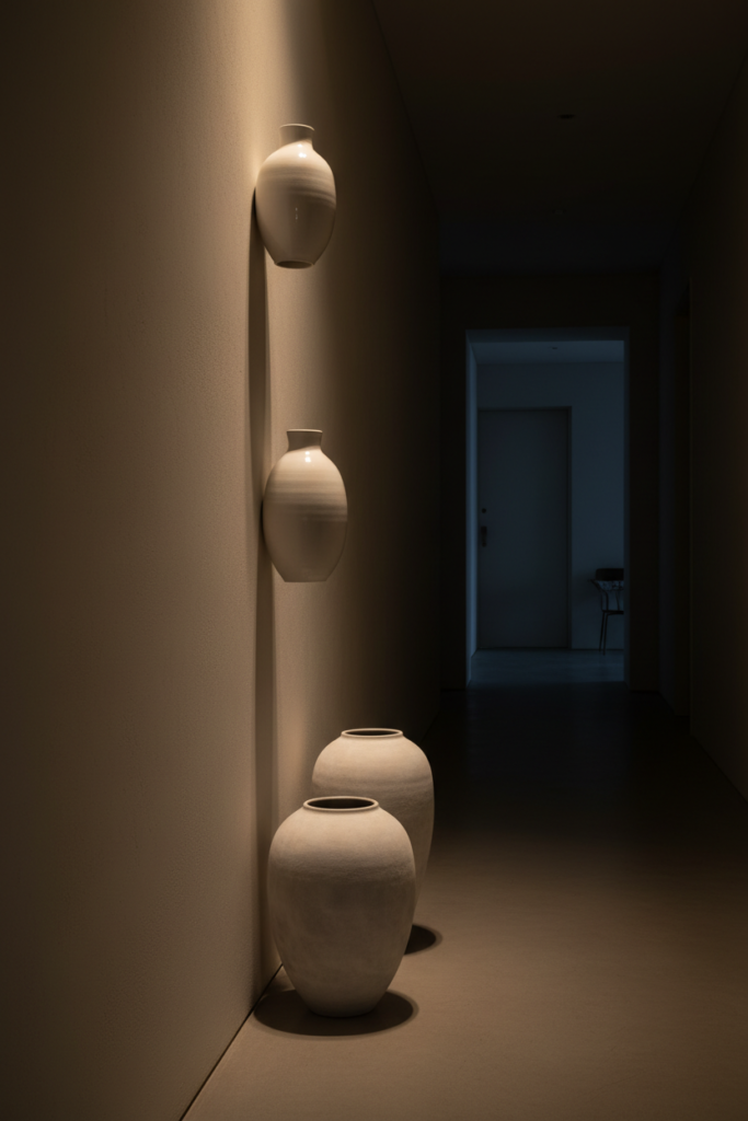 A vertical arrangement of four different white ceramic wall vases on a light beige hallway wall. Mixed glazes from matte to glossy, realistic shadows, natural light from a distance, 50mm lens, high-detail ceramic texture.