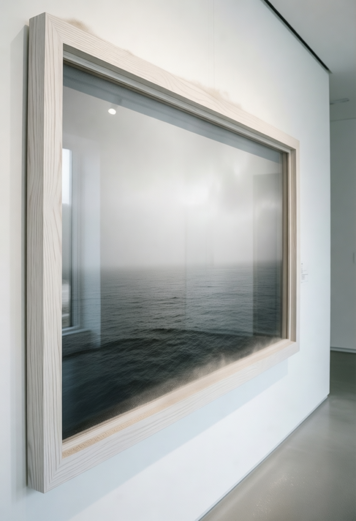 A large, thin white-oak-framed photo of a minimalist foggy horizon on a white hallway wall. Clear glass with realistic hallway reflections, soft overcast lighting, light dust on the top frame edge, interior photography.