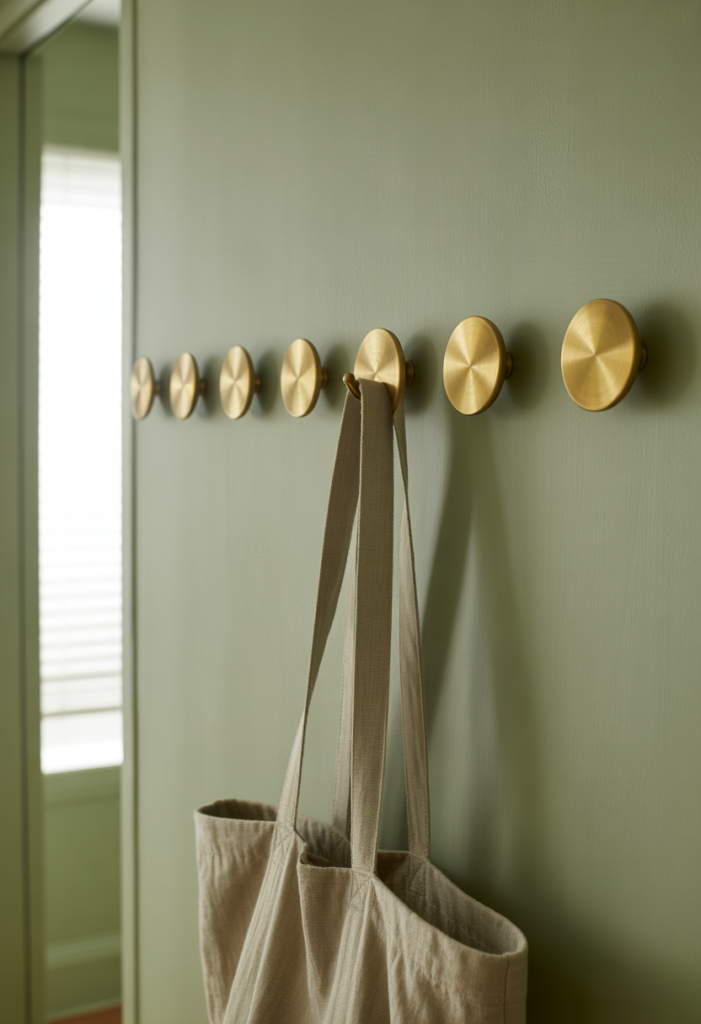A horizontal row of five minimalist brushed brass wall hooks on a sage green hallway wall. One hook holding a light tan linen bag, soft side-lighting, realistic metal tarnish, 35mm lens, high-detail texture.