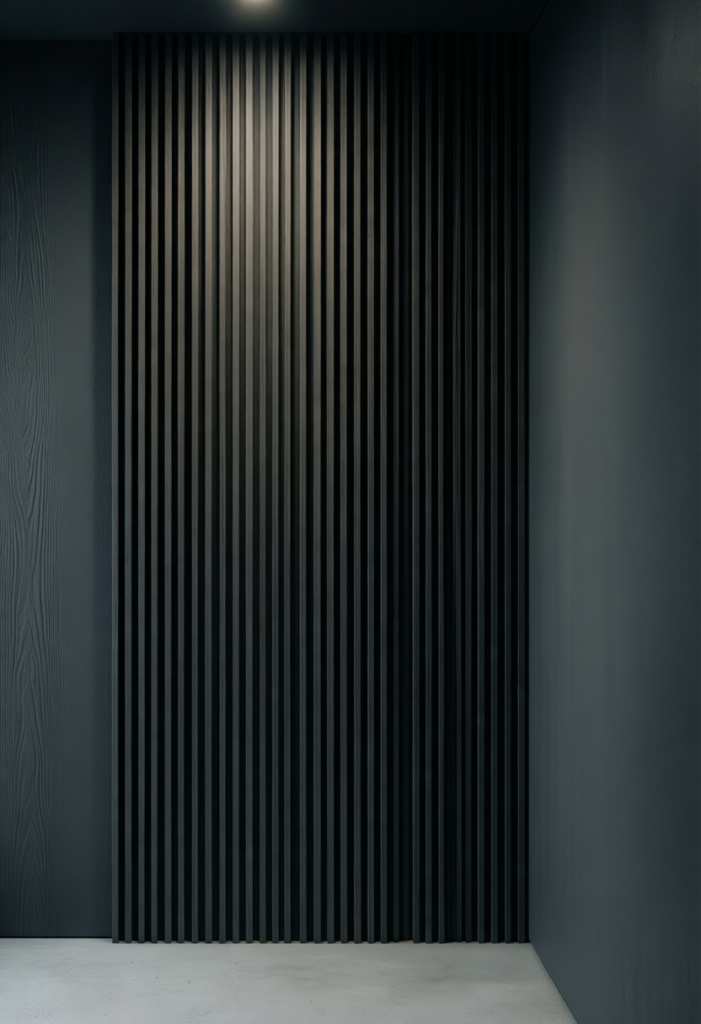 A vertical slatted wood panel painted the same matte charcoal grey as the hallway wall. Deep vertical shadows, realistic wood grain visible under paint, soft overhead lighting, architectural photography, 50mm lens.