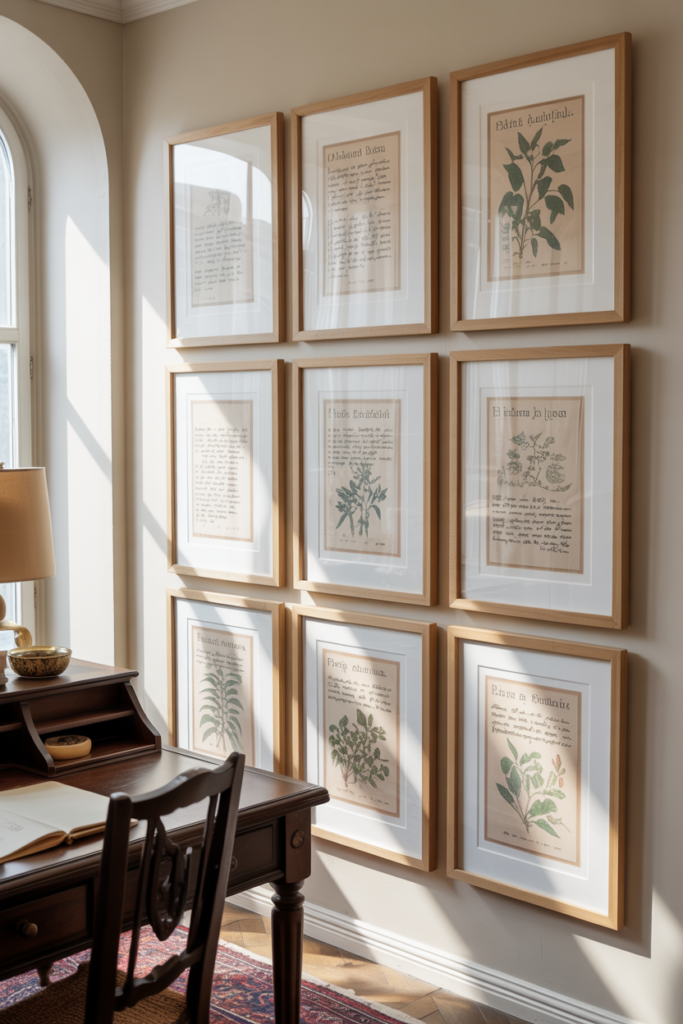 A Grid of Botanical or Scientific Prints in Matching Frames