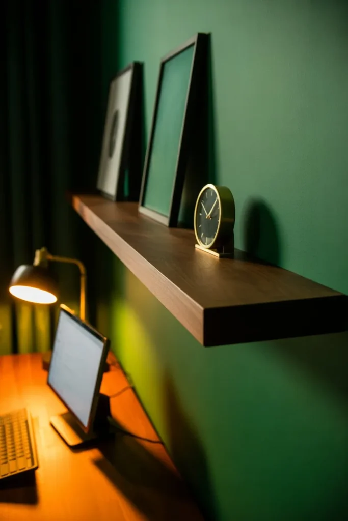 A long walnut floating ledge on a forest green wall. Leaning minimalist art and a small brass clock, visible wood grain, afternoon shadows, realistic home office setting, 50mm lens.
