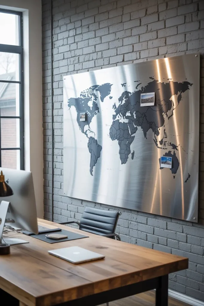 A large brushed steel magnetic world map on a light grey brick wall. Neodymium magnets holding small photos, metallic sheen, realistic scratches and fingerprints, industrial lighting, high detail.
