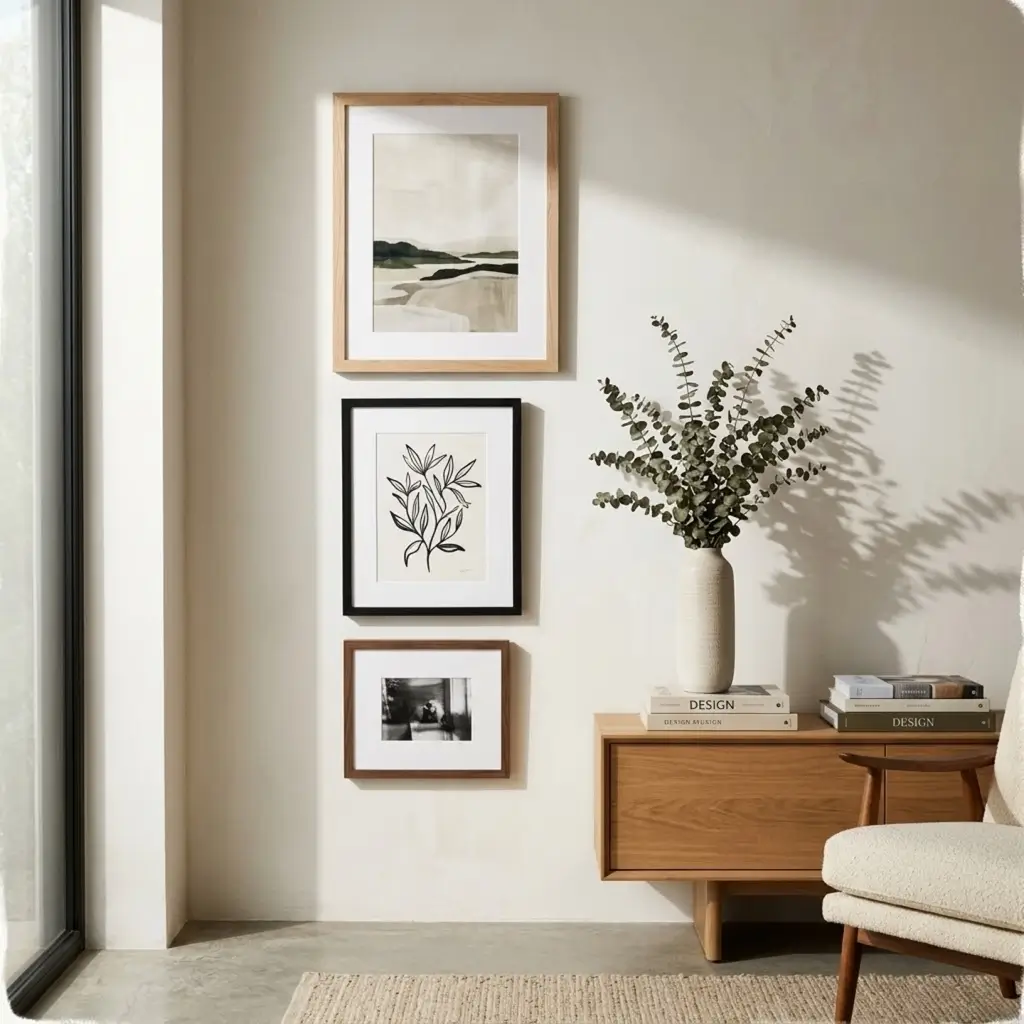 A minimalist, architectural interior shot of a sunlit living room featuring a single, large textured plaster art piece or a perfectly spaced trio of frames hanging on a pale beige or off-white wall