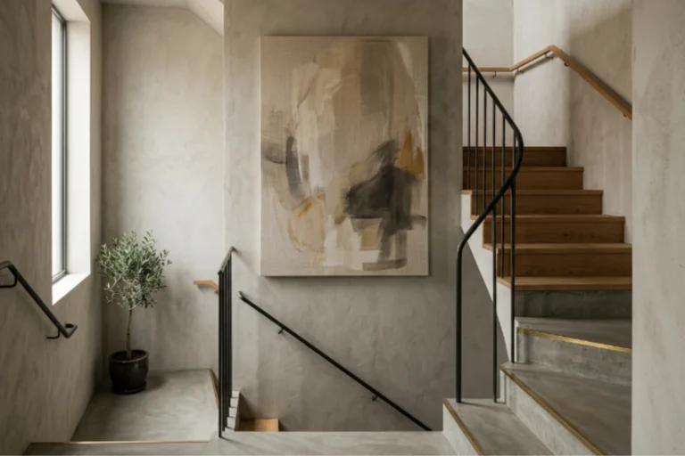 A 24mm cinematic wide-angle interior photograph of a narrow architectural staircase landing. Hanging flush on the micro-cement textured wall is a massive, vertical minimalist abstract canvas painting in muted earth tones, soft beige, and charcoal. No bulky frames, featuring a clean 1-inch shadow gap behind the canvas. Natural diffused daylight softly illuminates the heavy linen weave texture of the artwork. Warm, sophisticated, and serene editorial design style, 8k resolution.