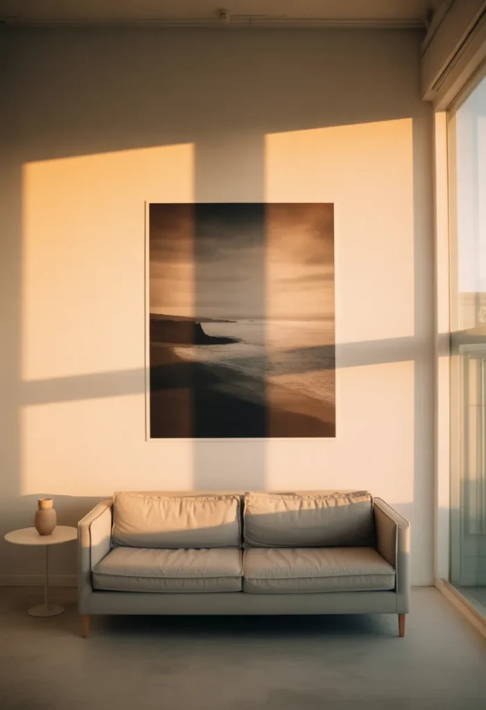  Interior photography style, 35mm lens, a large format black and white photograph of a misty coastal landscape, approximately 48 inches wide, mounted on a white backing board without a frame, centered above a pale grey sofa, warm late afternoon golden hour light from a right-side window casting a long soft shadow from the left edge of the mounted print onto the warm white wall, the print surface showing slight tonal warmth from the directional light, light concrete flooring, a single small ceramic object on the sofa’s side table, no other wall decor, photorealistic, editorial quality.