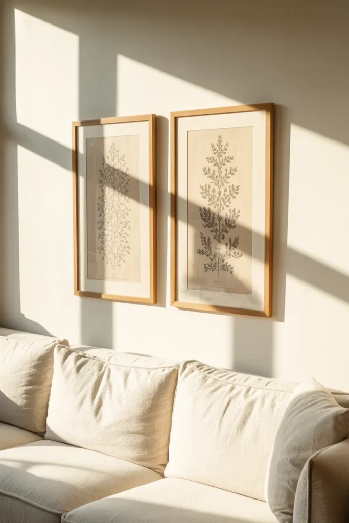  Interior photography style, 50mm lens, two identically framed vertical botanical study prints in thin natural oak frames with wide white mats, symmetrically placed above a white boucle sofa, 5 inches apart and centered on the wall, bright harsh midday sunlight streaming from a high window casting sharp defined shadows from the frames onto the warm white wall, the print details clearly visible, polished concrete floor, no other objects on the wall, photorealistic, editorial quality, high contrast bright lighting.