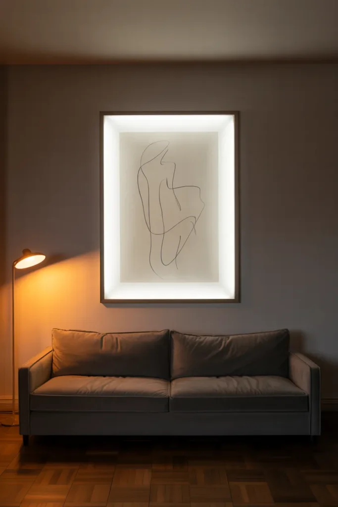  Interior photography style, 35mm lens, a single abstract line drawing of a human figure in a thin matte black frame with a wide white mat, centered above a charcoal grey velvet sofa, photographed in the evening with a warm floor lamp switched on to the left of frame casting a soft amber pool of light, the matte paper surface showing no glare, deep warm shadow in the upper corners of the room, the wall a very dark warm white, parquet flooring, photorealistic, moody editorial quality, intimate atmosphere.