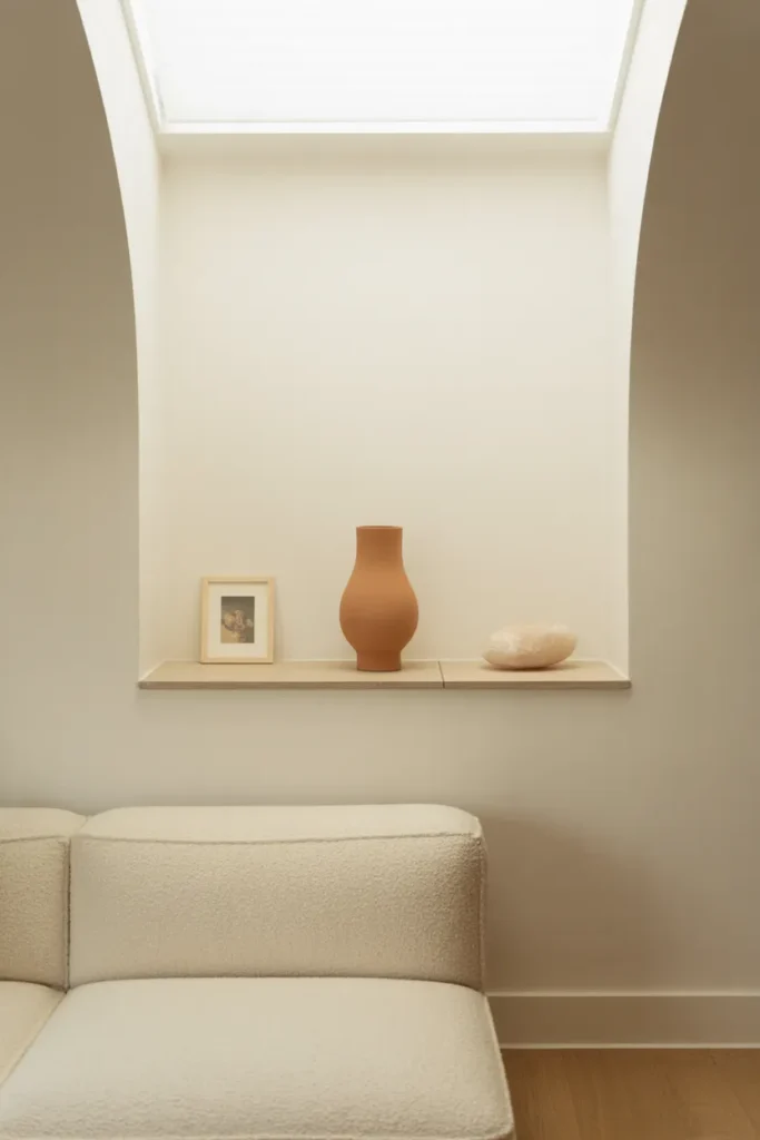  Interior photography style, 50mm lens, a thin wall-integrated ledge painted the exact same warm white as the wall behind it, holding three minimal objects: a tall matte terracotta ceramic vessel, a small framed photograph leaning against the wall, and a smooth pale stone, all spaced generously apart, photographed under bright diffused midday light from a skylight directly above, no directional shadows, every object and surface evenly lit and visible in full detail, a cream boucle sofa below, light oak flooring, photorealistic, clean airy editorial quality.