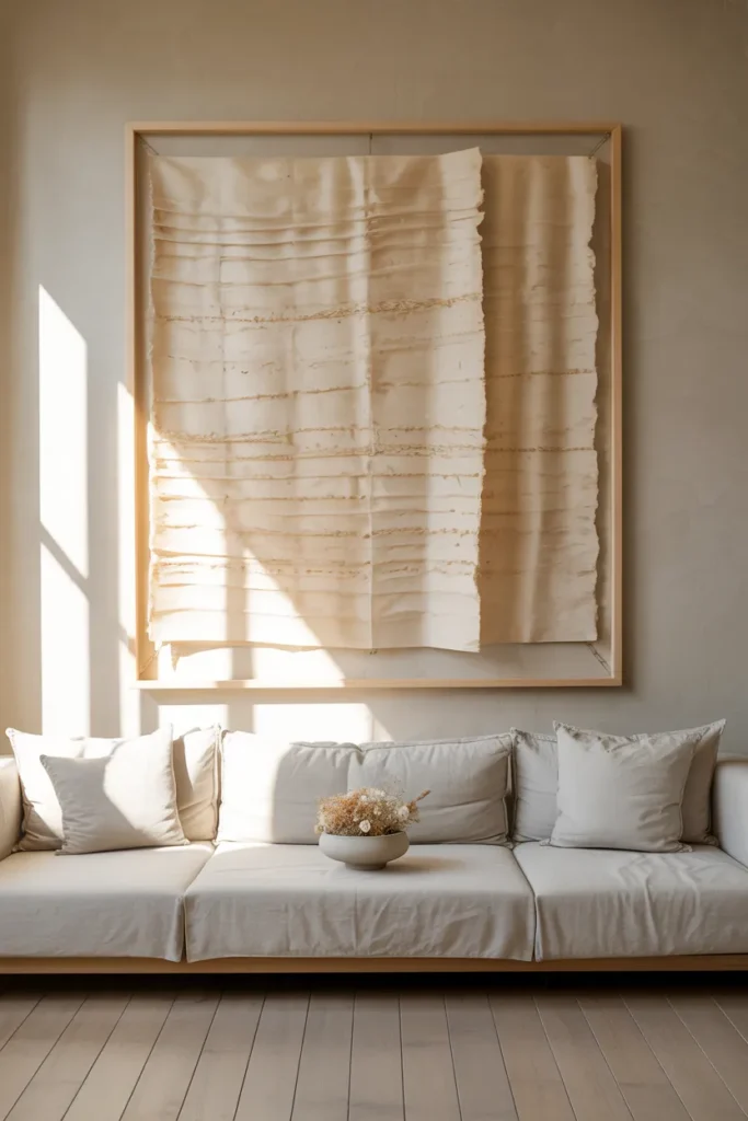  Interior photography style, 35mm lens, a single large handmade paper panel in warm natural cream tones with visible fiber inclusions and slight thickness variation, mounted simply in a thin blonde wood frame, centered above a low ivory linen sofa, photographed in early morning with cool raking light from a side window revealing the paper’s surface texture and slight translucency in thinner areas, gentle shadows cast from the frame edge onto the warm plaster wall, a single small ceramic bowl with dried florals on the coffee table in the foreground, wide plank pale oak flooring, photorealistic, quiet soft editorial quality.