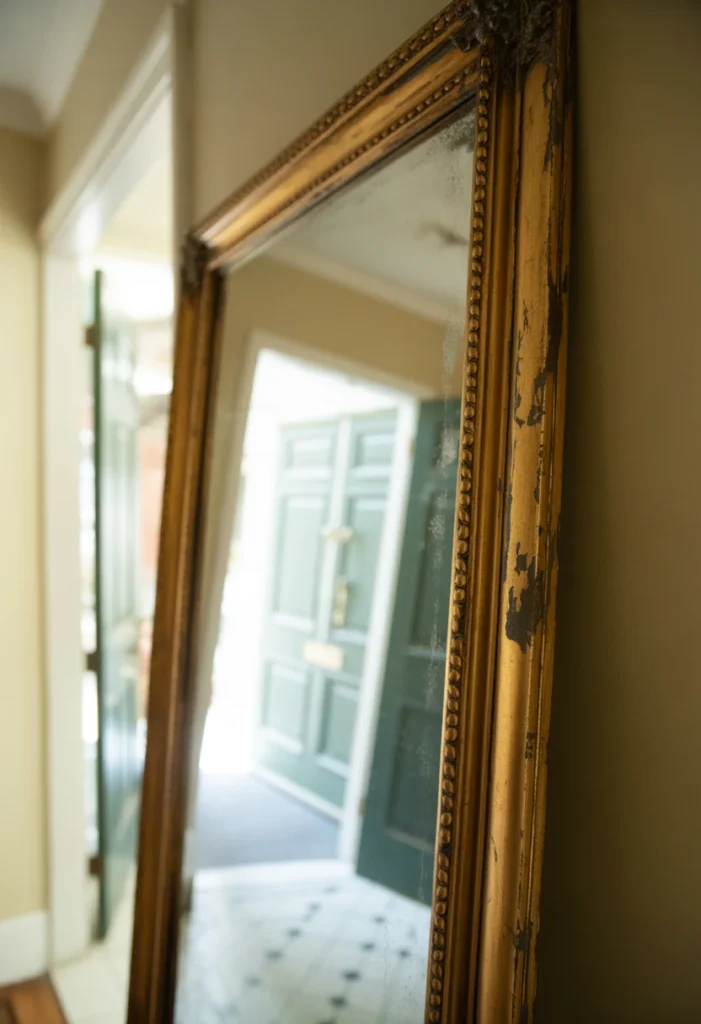 A 20mm wide-angle shot looking toward an entryway wall. A tall, ornate antique mirror with a tarnished gold frame leans against the wall. The lighting is soft and diffused, reflecting a hazy version of the open front door. The lens captures the perspective of the foyer floors and the detailed, chipped gold leaf of the frame. Professional interior photography.