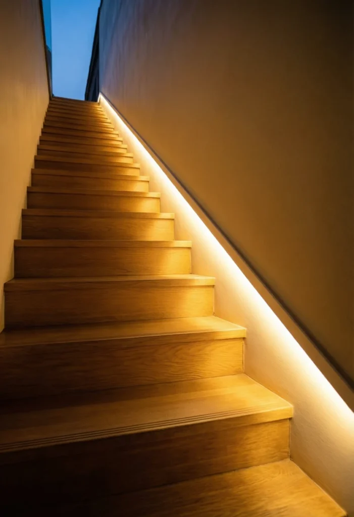 A 20mm wide-angle, eye-level shot of a narrow staircase at dusk. A continuous, recessed LED light channel runs along the wall at waist height, casting a warm, golden glow both upward and downward. The camera captures the full ascent of the stairs, showing the polished wooden treads. Sharp focus on the light channel's clean architectural edges and the soft gradient of light on the matte wall.