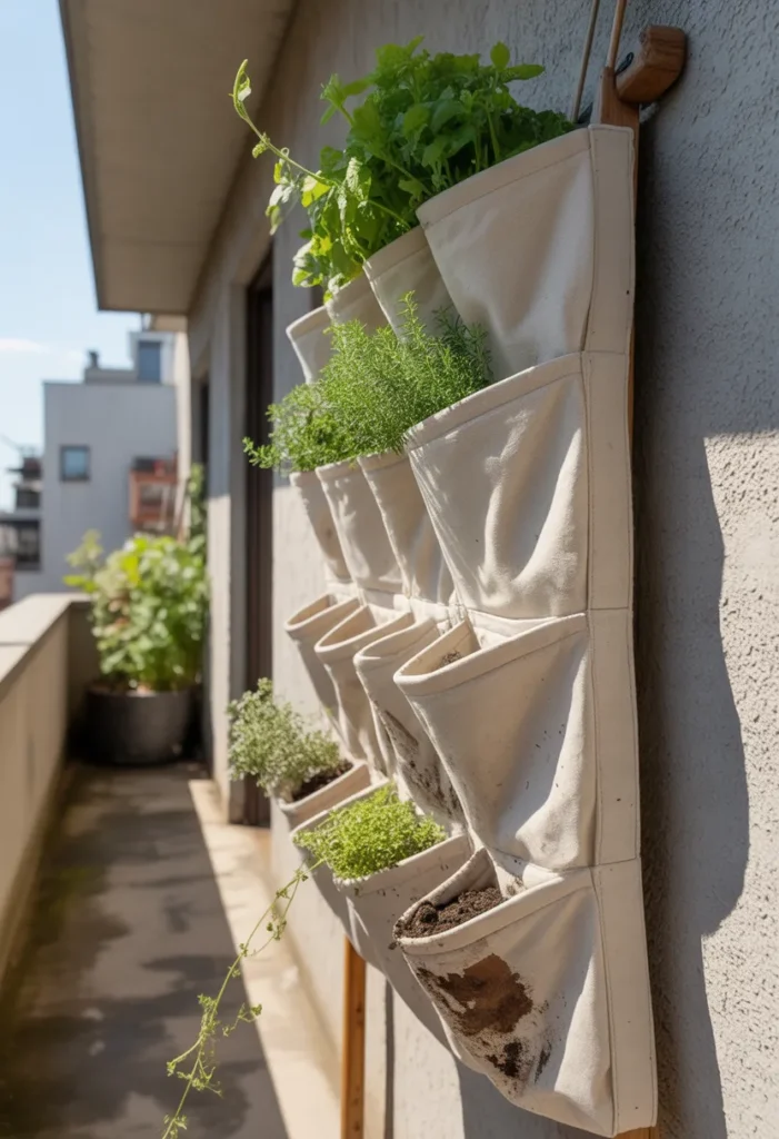 A canvas hanging organizer used for plants on a balcony wall. Soil marks on the fabric, lush green leaves peeking out, natural sunlight, realistic wear and tear, 35mm lens.