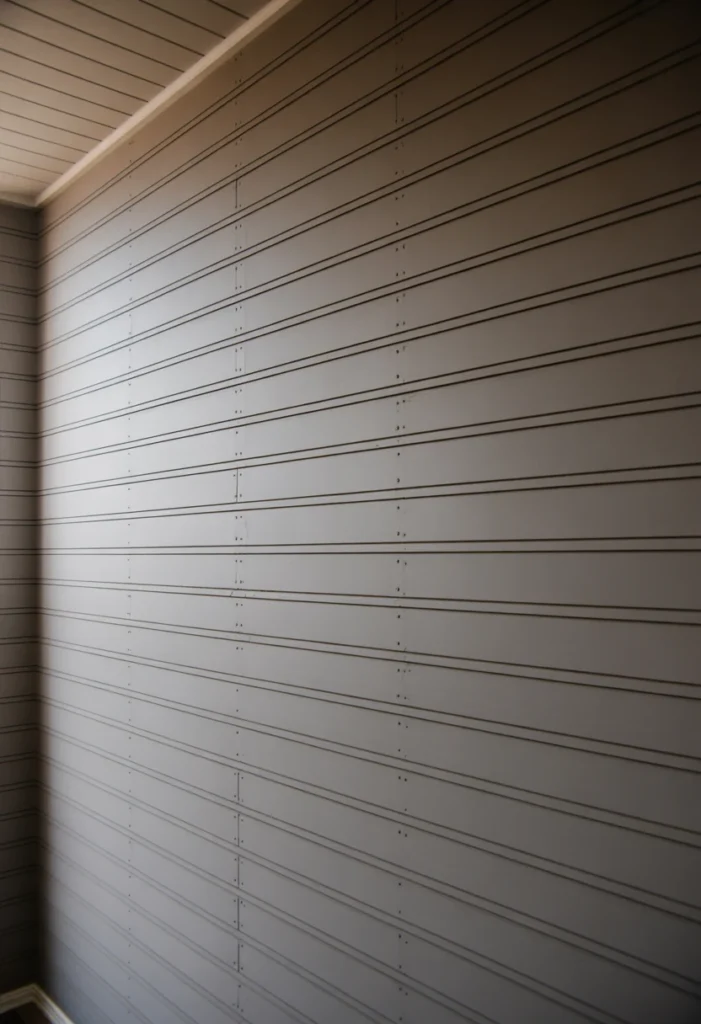 An ultra-wide 16mm shot of an entryway wall covered in vertical, narrow white shiplap. The lens captures the full height of the space, showing the transition to the ceiling. Side-lighting from a nearby window casts thin, rhythmic vertical shadows between the boards. High-fidelity paint texture and realistic wood imperfections are visible. Professional real estate photography style.