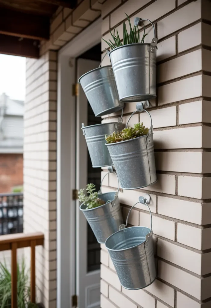 A cluster of four small galvanized metal buckets hanging on an outdoor wall. Matte grey finish, realistic metal textures, soft natural light, simple nails visible, interior photography style.