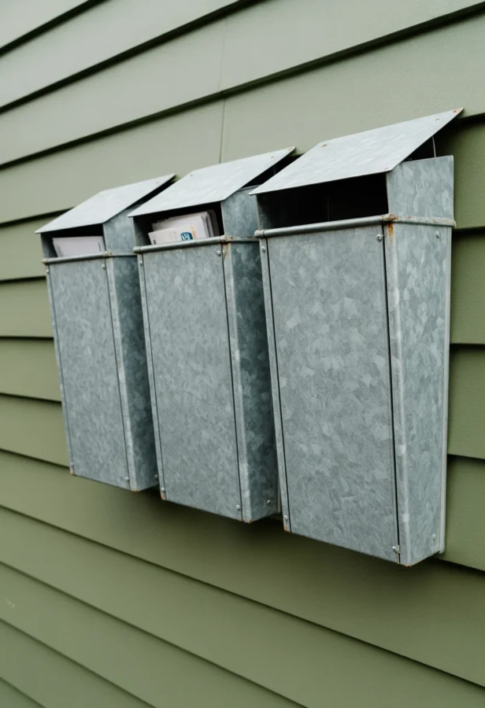 A 20mm wide-angle shot of three vertical galvanized steel wall pockets mounted on a sage green wall. The lighting is "Overcast Day," providing flat, even illumination that shows the mottled zinc pattern and realistic rust at the seams. The lens captures the pockets at an angle, showing their depth and the mail tucked inside. Professional real estate style, ultra-realistic.