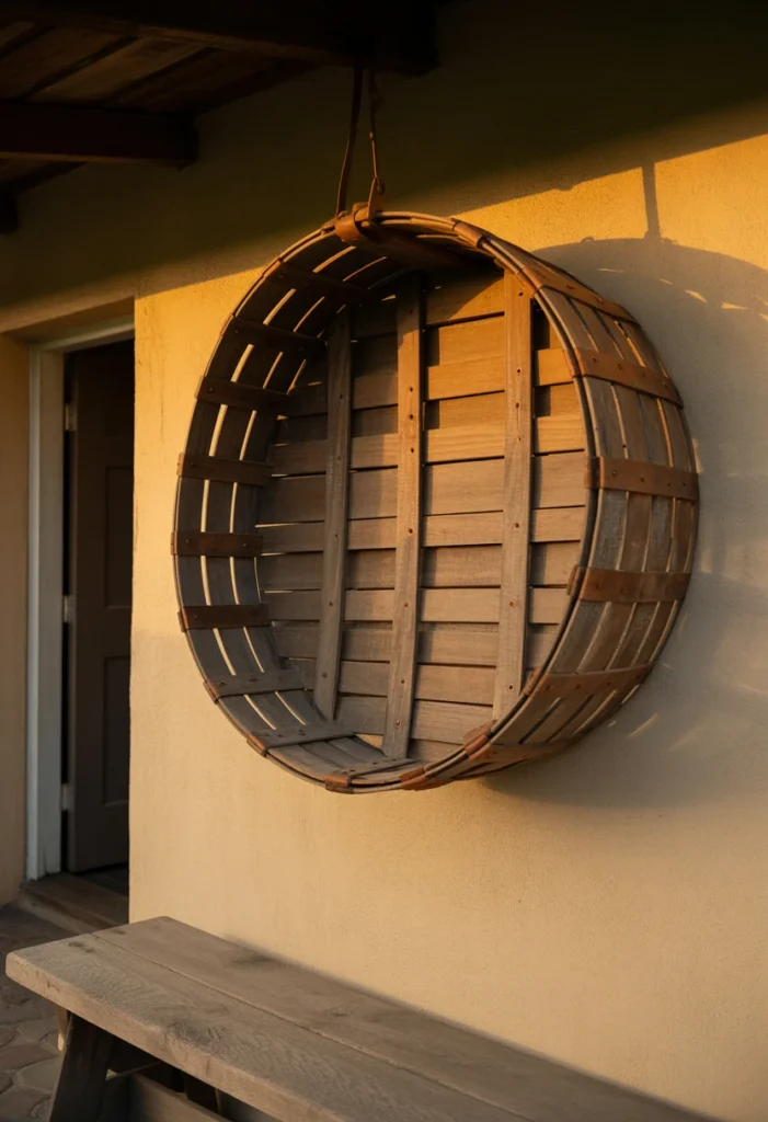 A 24mm cinematic wide-angle shot of a farmhouse entry. A large, circular weathered wood tobacco basket is centered on a cream-colored wall. The lighting is "Golden Hour," with warm orange light highlighting the splinters and copper staples of the basket. The shot is slightly angled to show a rustic wooden bench below. 8k resolution, high-contrast textures, realistic and grounded.