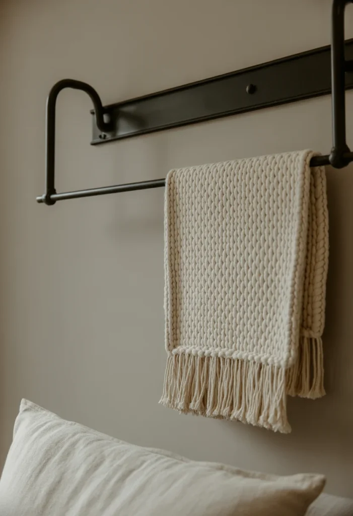 Image Prompt: A wide-angle shot of a bedroom with a black iron rail mounted above a minimalist bed. A thick, cream-colored woven textile hangs from the rail. The lighting is soft and overcast, emphasizing the threads of the fabric and the matte finish of the metal rail. 50mm lens, showing the full wall and the bed for context.