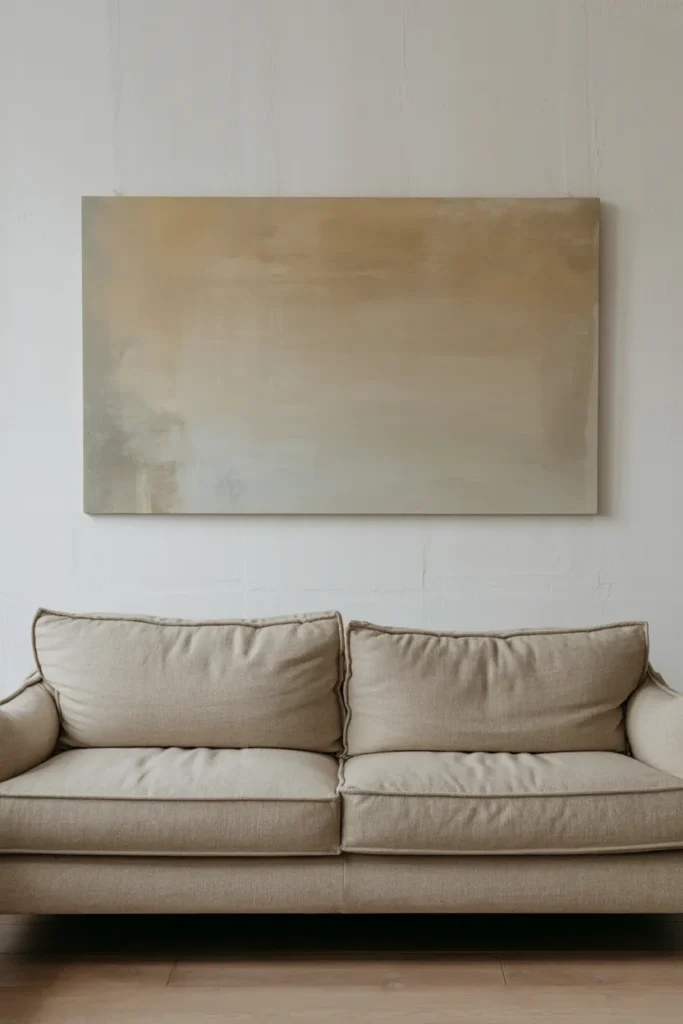  Interior photography style, 50mm lens, a single wide horizontal canvas in muted warm stone and pale sage tones, centered above a low-profile oatmeal linen sofa, hung 9 inches above the sofa back, bright flat overcast daylight filling the room evenly from a large unseen window, no shadows, the brushwork texture on the canvas subtly visible, white plaster walls, light oak flooring, no other wall decor, photorealistic, clean editorial quality, cool neutral color grading.