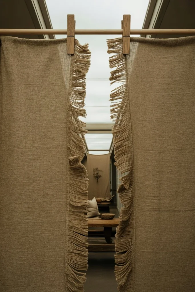 A 24mm cinematic wide-angle shot of a hallway transition. A massive, vertical tan linen banner with frayed edges hangs from two simple oak clips. The lighting is "Overcast Day," providing flat, even illumination that highlights the heavy weave and natural ripples in the fabric. The shot is slightly angled to show the depth of the hallway and a nearby wooden bench. 8k resolution, high-contrast textures.