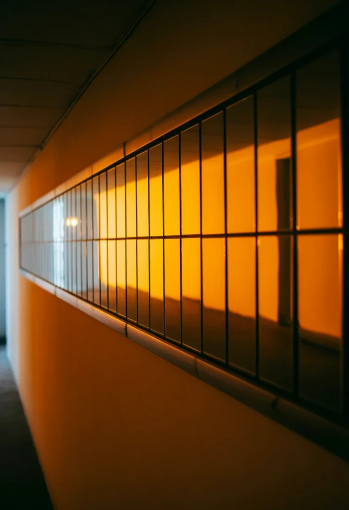A 20mm wide-angle shot looking down a narrow hallway. A long horizontal line of frameless mirror tiles is mounted at eye level. The lighting is "Golden Hour," with warm orange light reflecting off the mirrors and casting a glow onto the opposite wall. The lens captures the perspective of the hallway stretching into the distance. Professional interior photography, realistic glass reflections and sharp edges.