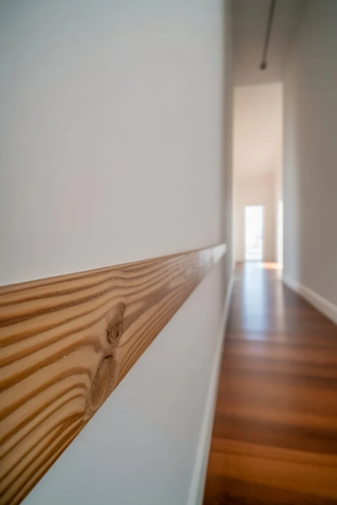 An ultra-wide 14mm architectural shot from the end of a long hallway. A single, thin horizontal wood batten runs along the white wall at waist height. The 14mm lens captures the dramatic perspective of the floorboards and the high ceiling. Soft natural light from an open door at the far end highlights the realistic wood grain and tiny knots in the batten. Professional interior photography style.