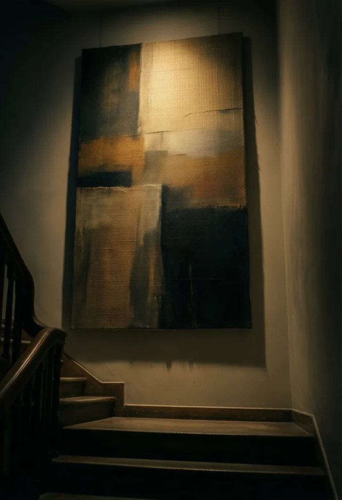 A 24mm cinematic wide-angle shot of a staircase landing. A massive, vertical abstract canvas in muted earth tones hangs with a visible 1-inch shadow gap behind it. The lighting is "Moody," with a single warm spotlight highlighting the heavy weave of the canvas and casting a dark shadow in the gap. The shot is slightly angled to show the stairs leading up and down. 8k resolution, high-contrast textures, realistic and grounded.