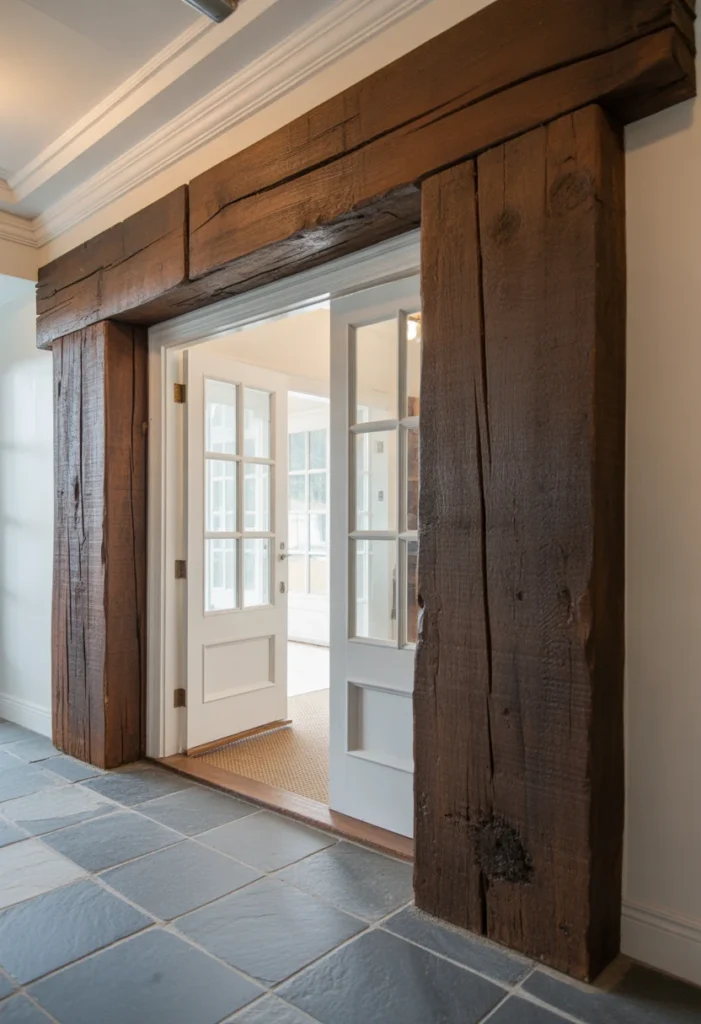 An ultra-wide 14mm architectural shot of a farmhouse entryway. A massive, dark reclaimed oak beam is mounted horizontally above the white door frame. The 14mm lens captures the full height of the room, including a slate tile floor. Natural morning light reveals the deep axe marks, old nail holes, and gritty texture of the wood. Professional interior photography style, wide-angle storytelling.
