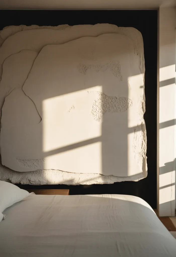 Image Prompt: A medium-wide side-angle shot of a bedroom. A large, floating matte white plaster panel is centered above the bed. The panel shows heavy trowel textures and gritty lime-wash details. Strong afternoon sun from a window creates a dark shadow in the gap between the panel and the wall. 35mm lens, high-fidelity texture, professional interior design.
