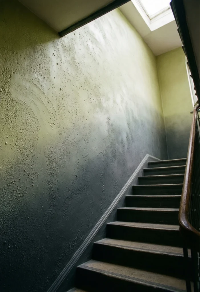 An ultra-wide 16mm shot taken from the middle landing of a staircase. The wall features a hand-troweled lime-wash plaster with a subtle ombré gradient from dark grey to off-white. The lens captures the full height of the wall from the stairs to the ceiling. Natural light from an unseen skylight highlights the realistic gritty texture and air bubbles in the plaster. Sharp corners, Pinterest-friendly aesthetic.