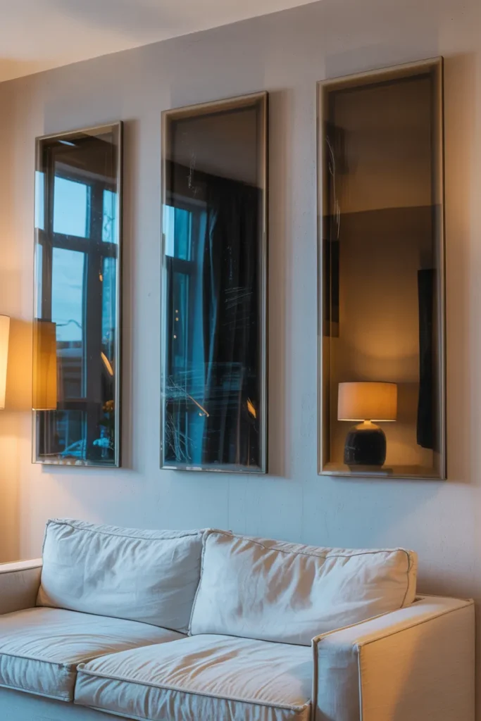 Interior photography of three tall smoked glass panels mounted above a light grey linen sofa. Dark reflections, matte white wall, soft evening lighting from a lamp, realistic glass streaks, 35mm lens.