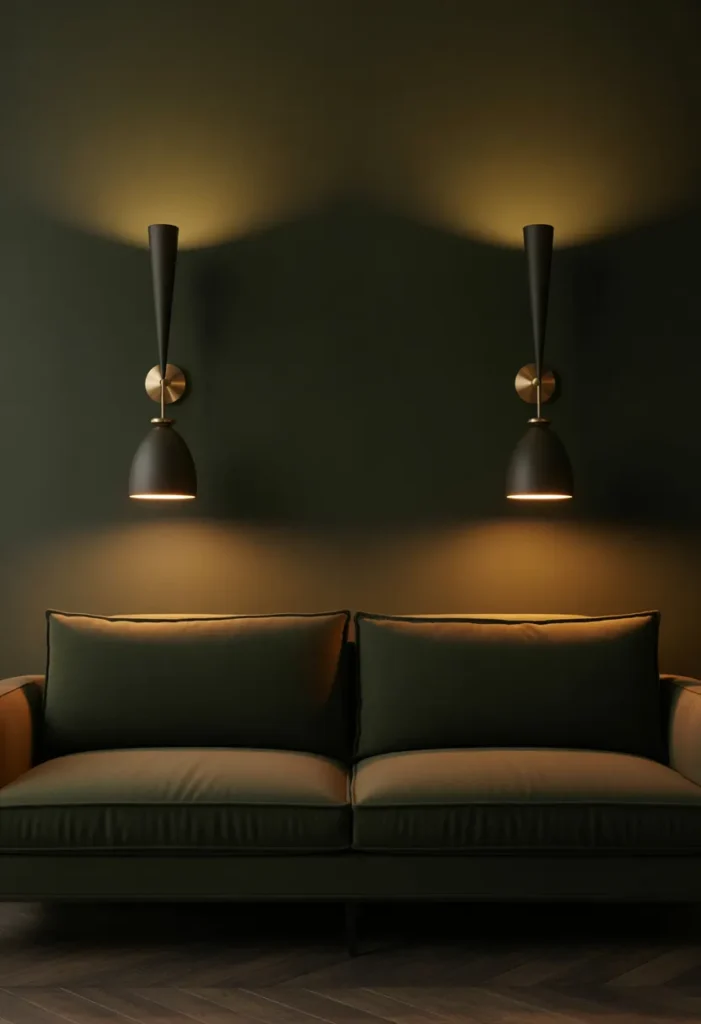  Interior photography style, 50mm lens, two slender matte black wall sconces with small open shades mounted symmetrically above a dark forest green velvet sofa, photographed at night with only the sconces illuminated, warm amber light washing upward onto a deep charcoal wall, soft glowing pools visible above each fixture, the center of the wall between the sconces lit indirectly and slightly warm, the sofa cushions catching a faint edge of light from below, herringbone dark wood floor, no artwork on the wall, photorealistic, dramatic moody night interior quality.