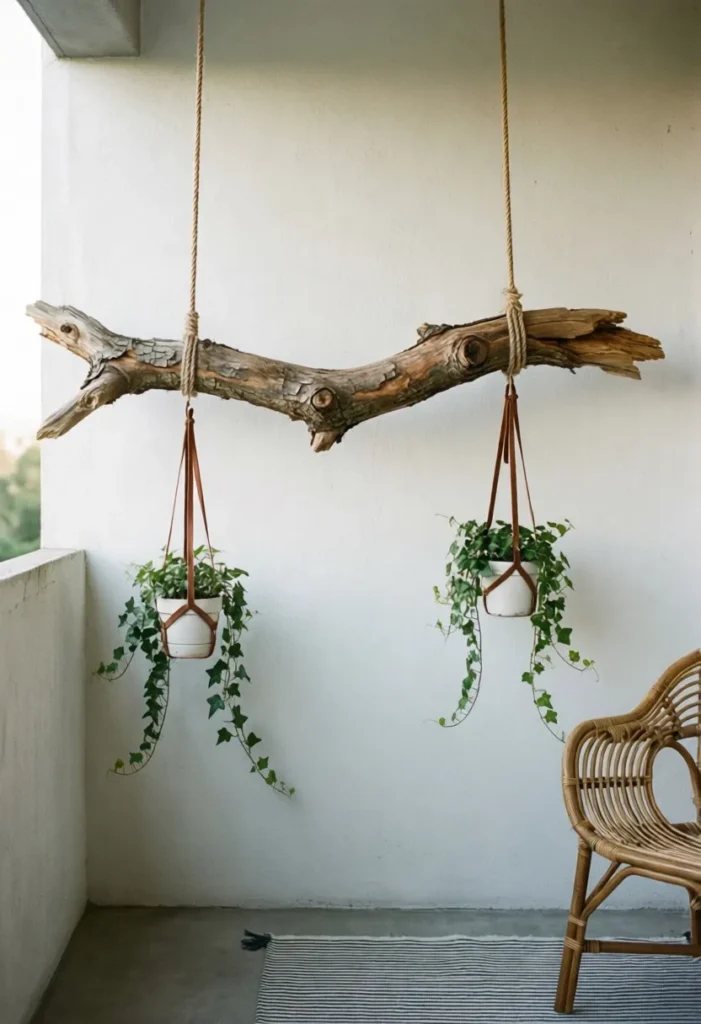 A natural tree branch hanging horizontally on a light concrete balcony wall by jute ropes. Small herb bundles hanging from hooks, realistic bark texture, soft afternoon shadows, natural lighting.