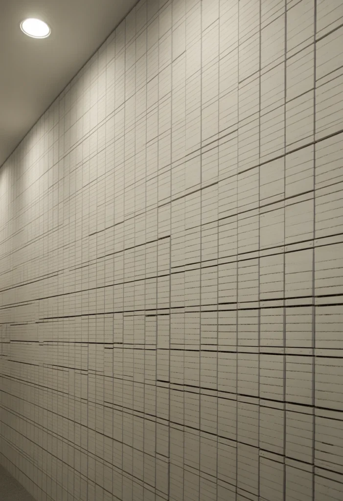 An ultra-wide 16mm shot of a hallway wall featuring a large-scale square grid made of thin wood strips, all painted matte white. The lens captures the full height of the space from baseboard to ceiling. Overhead recessed lighting casts dramatic, rhythmic shadows into the grid. Realistic wood grain is visible under the paint, along with tiny, authentic gaps at the joints. Professional architectural photography.
