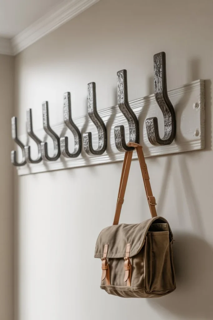 A 20mm wide-angle, eye-level shot of an entryway wall. A long white wooden board features seven oversized, hand-forged black iron hooks. A single heavy canvas bag hangs from one. The lighting is "Overcast Day," providing flat illumination that highlights the gritty, matte texture of the iron and the realistic wood grain of the board. Pinterest-friendly composition, 8k resolution.