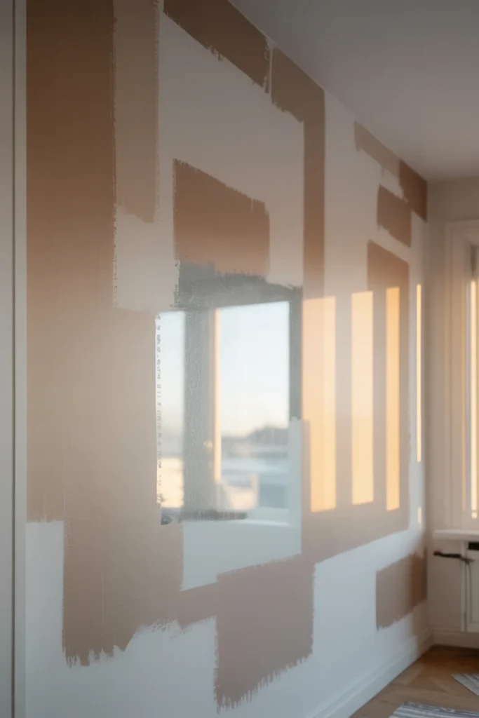 scandinavian apartment wall with soft rectangular paint block, ultra wide room view, angled side shot showing uneven hand-painted edges, close-up of roller texture and slight paint overlap, morning daylight and warm evening lighting comparison, subtle scuff marks near lower wall, neutral palette, interior photography style, 35mm and 50mm lens