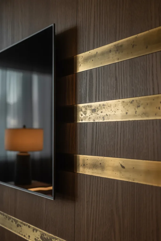 A medium-shot of a TV mounted on a dark oak paneled wall. Thin, horizontal raw brass strips are inlaid into the wood. The lighting is moody, with a single lamp glinting off the brass. The brass shows realistic mottled tarnish and fingerprints. 50mm lens, high-fidelity texture, luxury minimalist vibe.