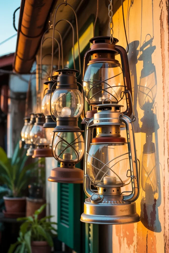 cluster of metal lanterns hanging on outdoor wall, slight rust detail, warm evening light reflections, cozy balcony setup, realistic lighting and wear