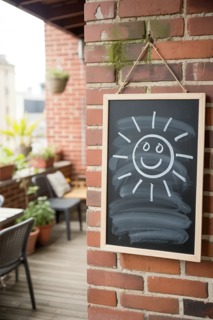 A simple chalkboard hanging on an outdoor brick wall. Hand-drawn sun icon, realistic chalk dust and smudges, natural light, casual balcony environment.