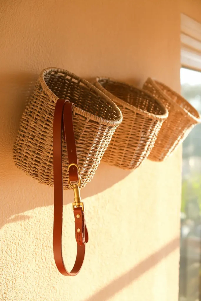 Three shallow woven seagrass baskets mounted on a warm beige wall. One basket holds a leather dog leash, visible rough fibers and shadows, natural morning light, realistic home environment, 35mm lens.