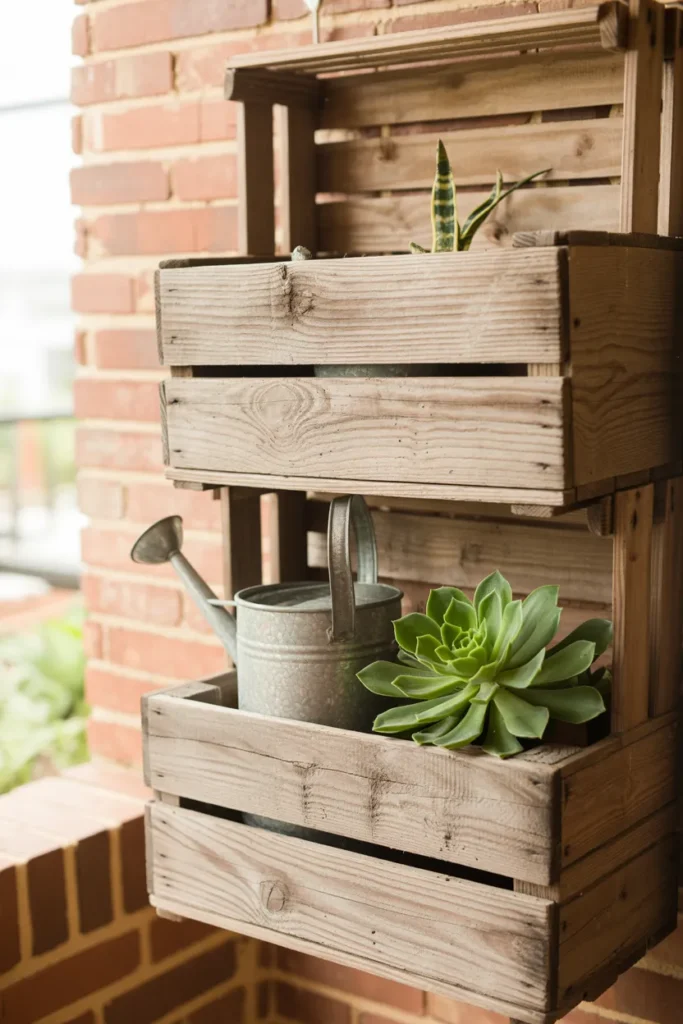 Three weathered wooden crates mounted on a brick balcony wall. A small watering can and a potted succulent inside, visible wood grain and aging, natural daylight, realistic home setting.
