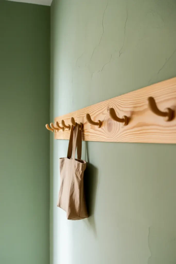 A horizontal natural pine peg rail on a soft sage green wall. A linen bag and a straw hat hanging from the pegs, soft natural light, repeating shadows, realistic wood knots, interior photography style, 50mm lens.